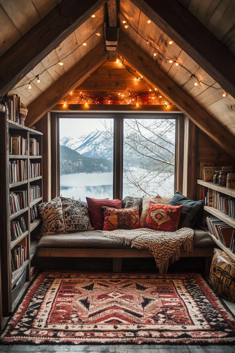 Cozy window seat with books and mountain view