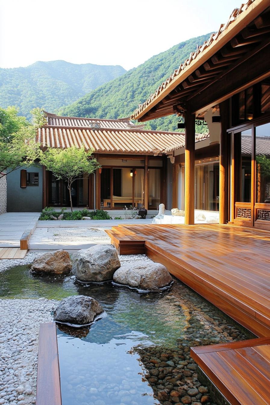 chinese inner courtyard with water stream feature wooden deck rocks chinese detailing green mountains visible over the roof from the courtyard 1