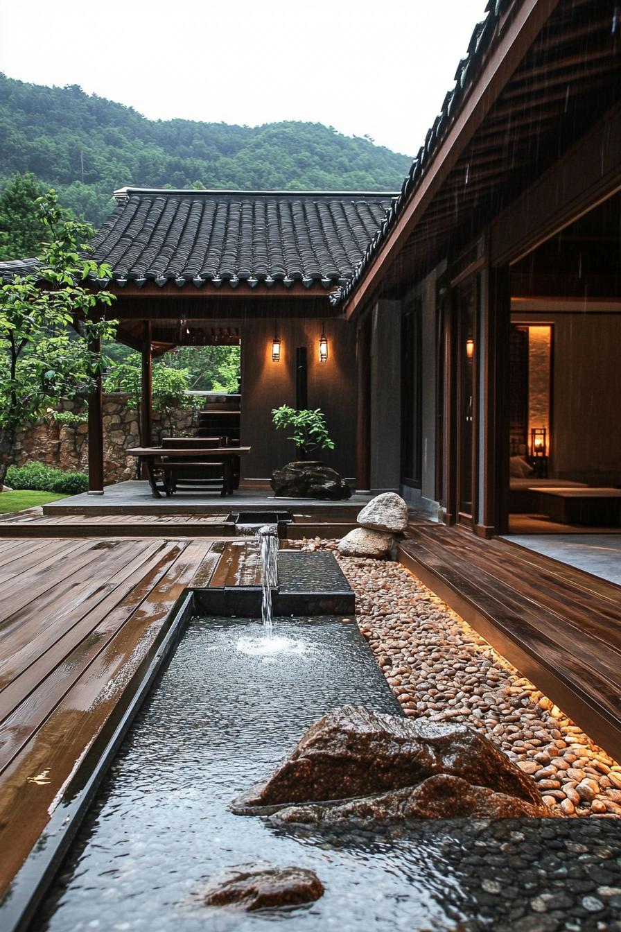 chinese inner courtyard with water stream feature wooden deck rocks chinese detailing green mountains visible over the roof from the courtyard 2