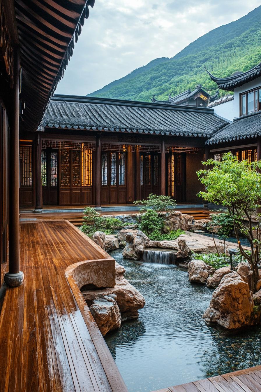 chinese inner courtyard with water stream feature wooden deck rocks chinese detailing green mountains visible over the roof from the courtyard 3