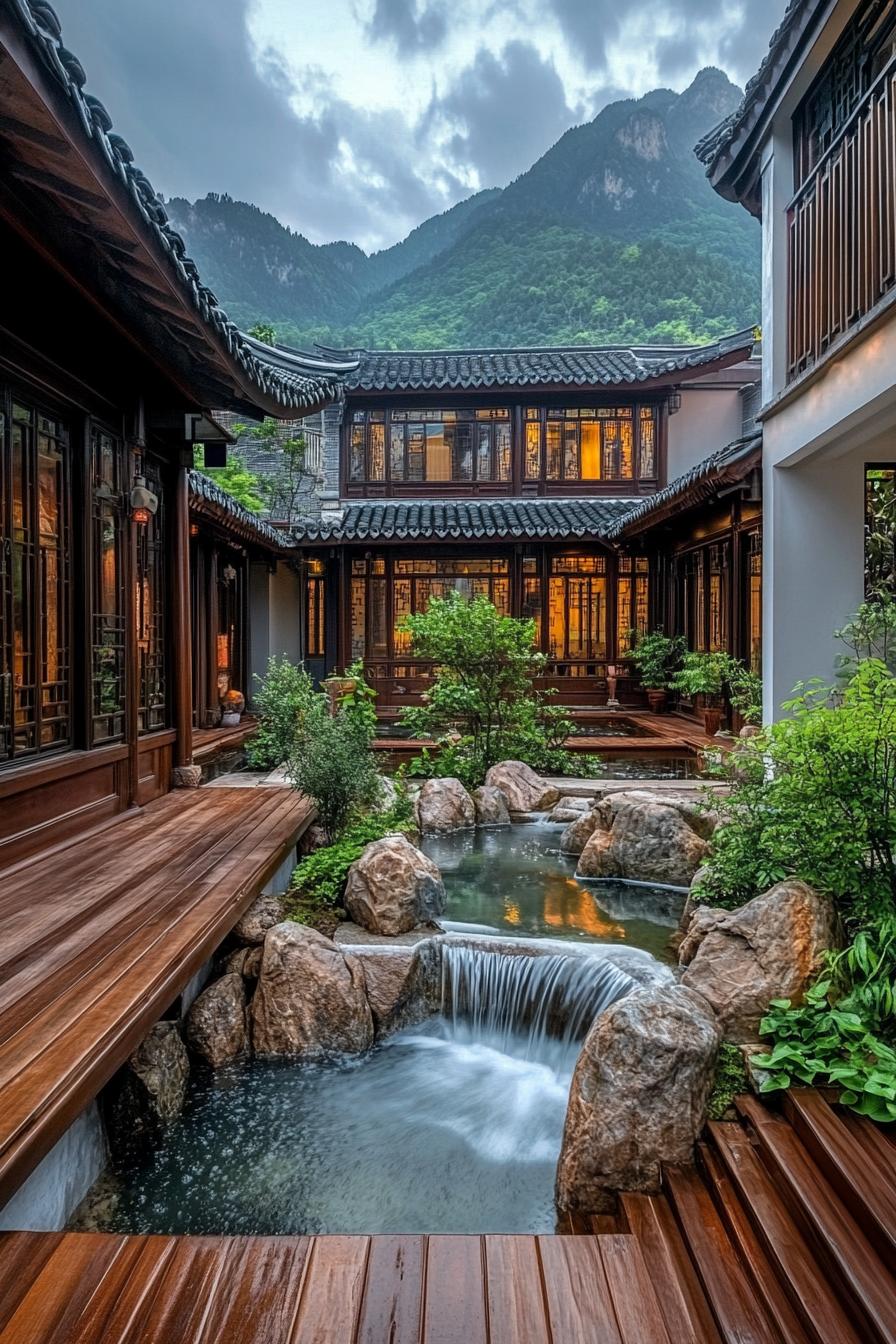 chinese inner courtyard with water stream feature wooden deck rocks chinese detailing green mountains visible over the roof from the courtyard