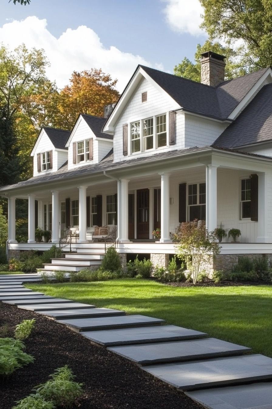 craftsman house with white siding dark multi pitched roof single story large porch with columns and railings entry steps concrete pathway grass 1