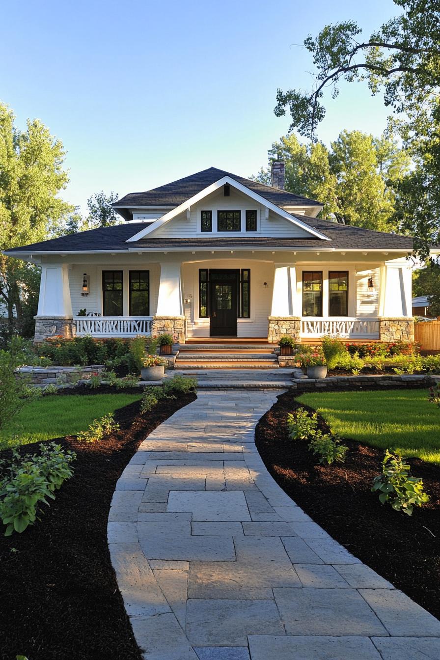 craftsman house with white siding dark multi pitched roof single story large porch with columns and railings entry steps concrete pathway grass