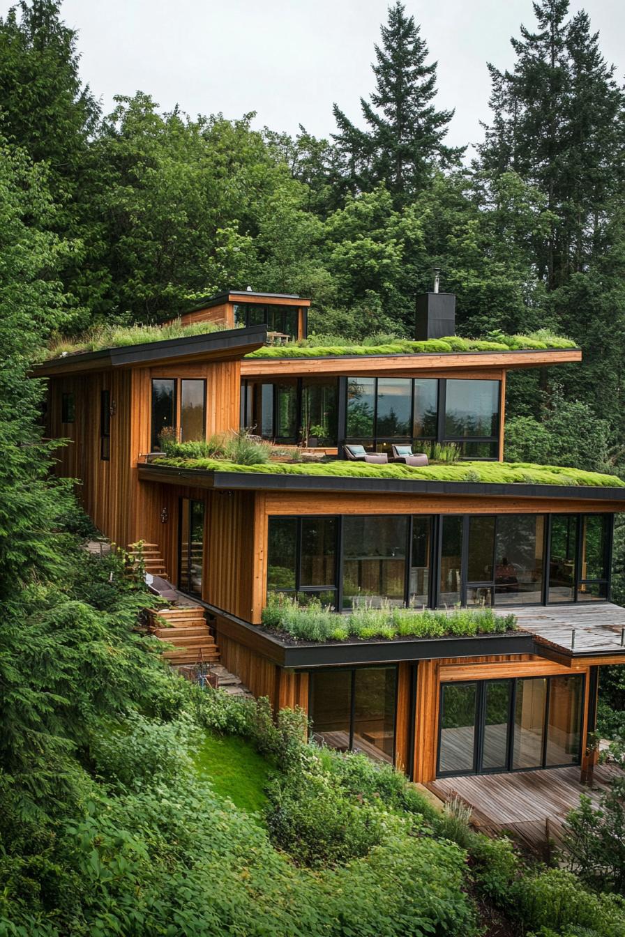 earthship house built into forest hillside with living green roof modern wood panel facade with large modern windows large wooden deck