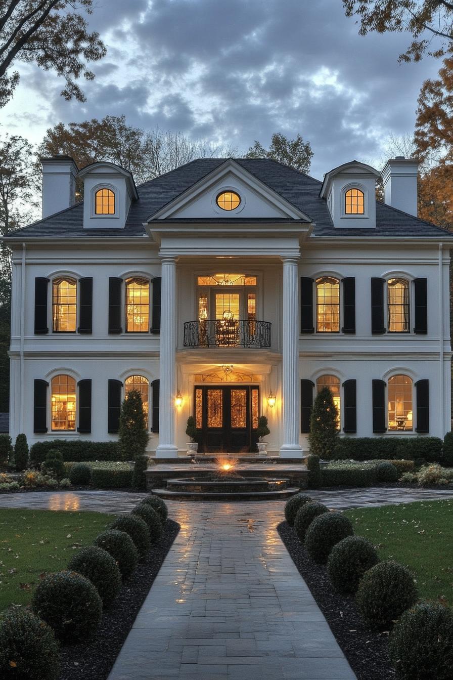 elegant georgian dream house with classic front yard