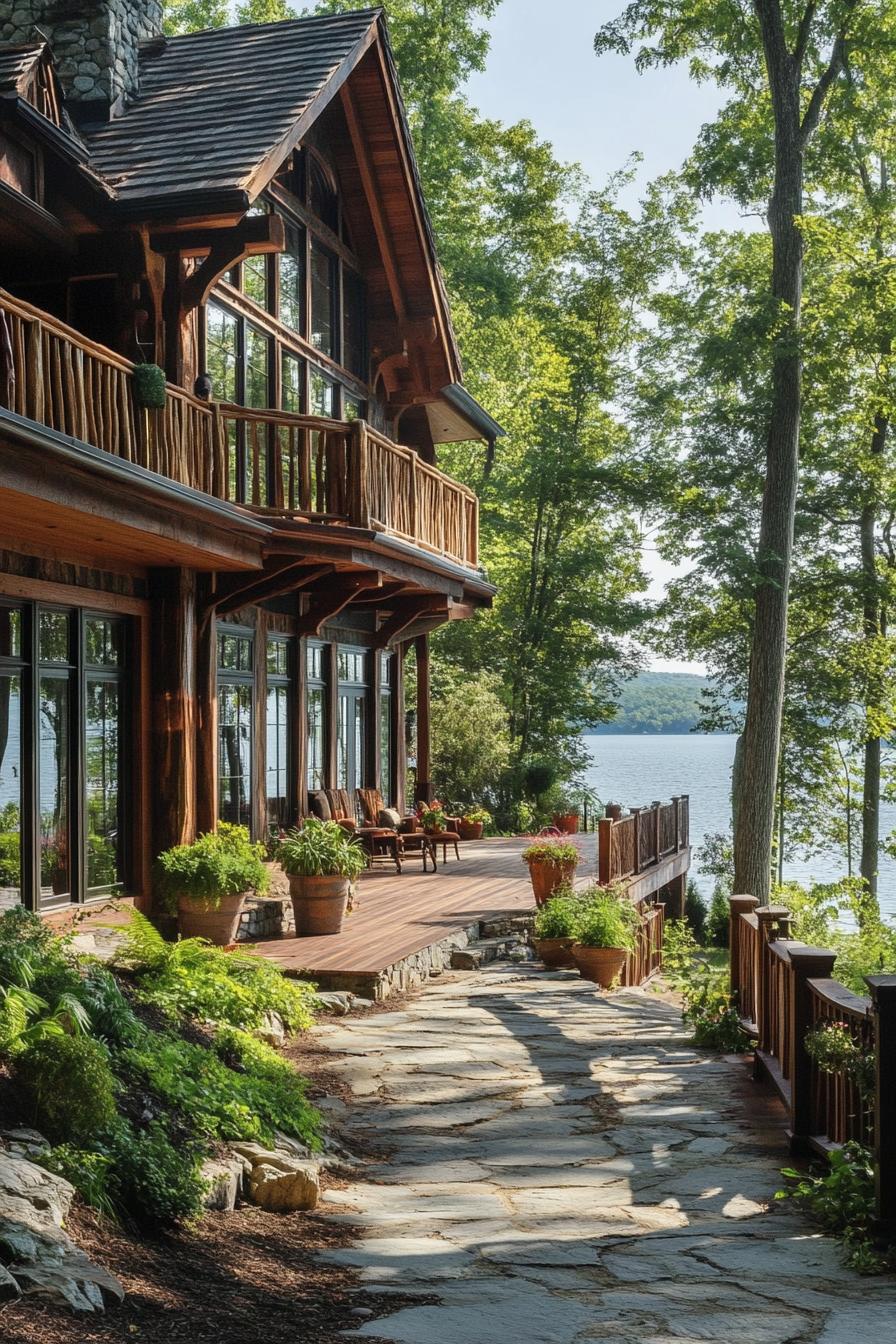 forest lodge with large windows and with large wooden porch with railings on a lakeside with stunning lake views stone path leads to the house along 1