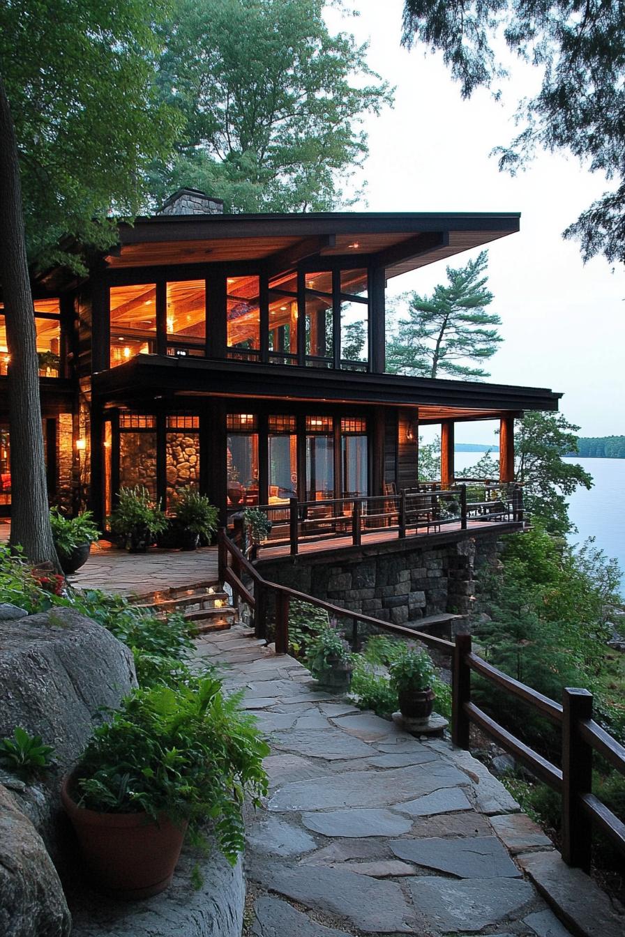 forest lodge with large windows and with large wooden porch with railings on a lakeside with stunning lake views stone path leads to the house along