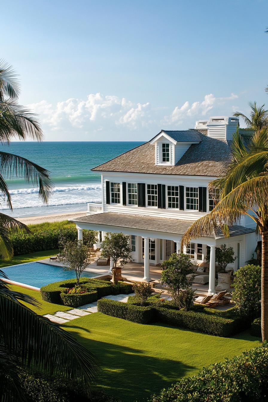 high angle view of a beachfront coastal mansion complex the house has clapboard siding and multi pitched roof there is a garden and palms ocean in