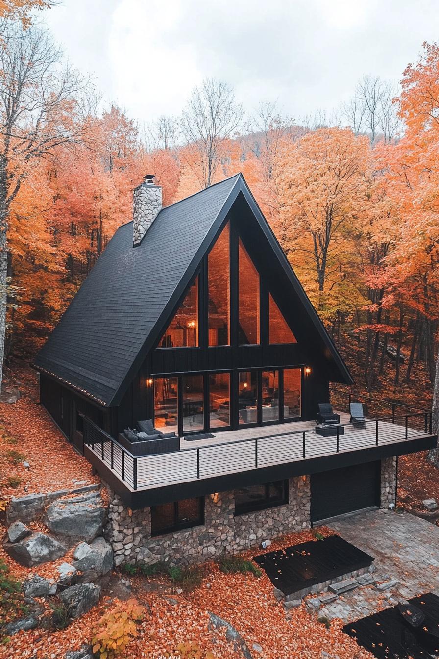 high angle view of a modern a frame black house with a large deck on stone foundations with modern outdoor furniture v 6.1 1