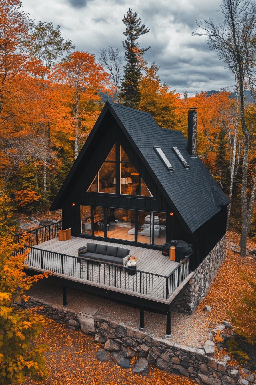 high angle view of a modern a frame black house with a large deck on stone foundations with modern outdoor furniture v 6.1 3