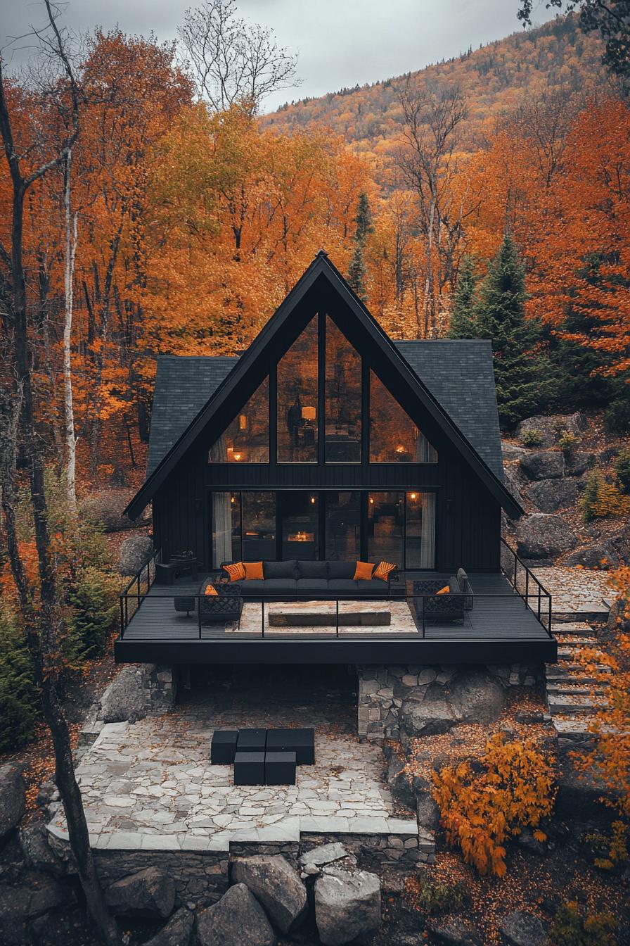 high angle view of a modern a frame black house with a large deck on stone foundations with modern outdoor furniture v 6.1