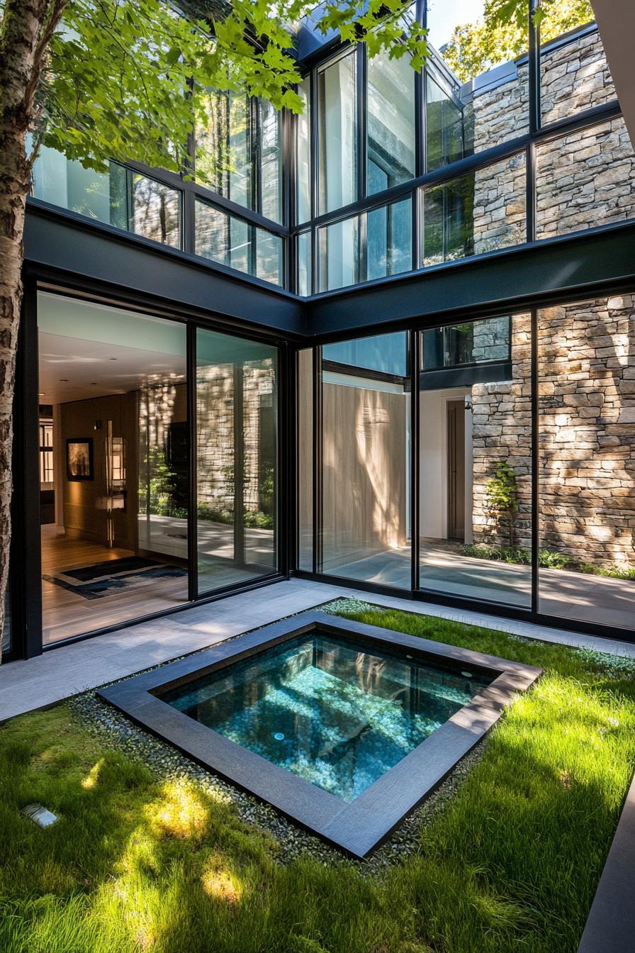 indoor courtyard in a modern house with glass atrium with small pool lush grass patch it is connected to outside where trees and stone siding facade 1