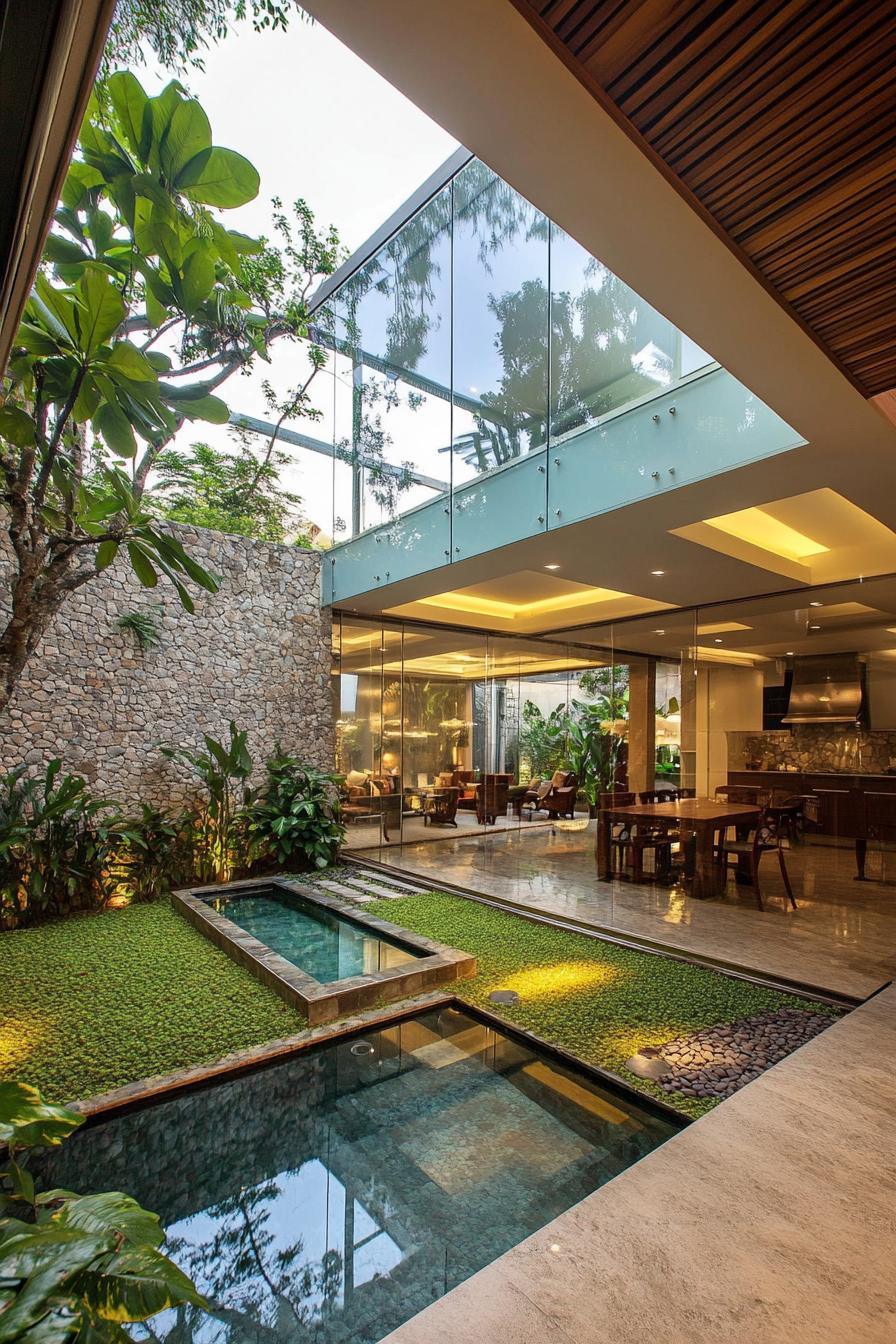 indoor courtyard in a modern house with glass atrium with small pool lush grass patch it is connected to outside where trees and stone siding facade 2