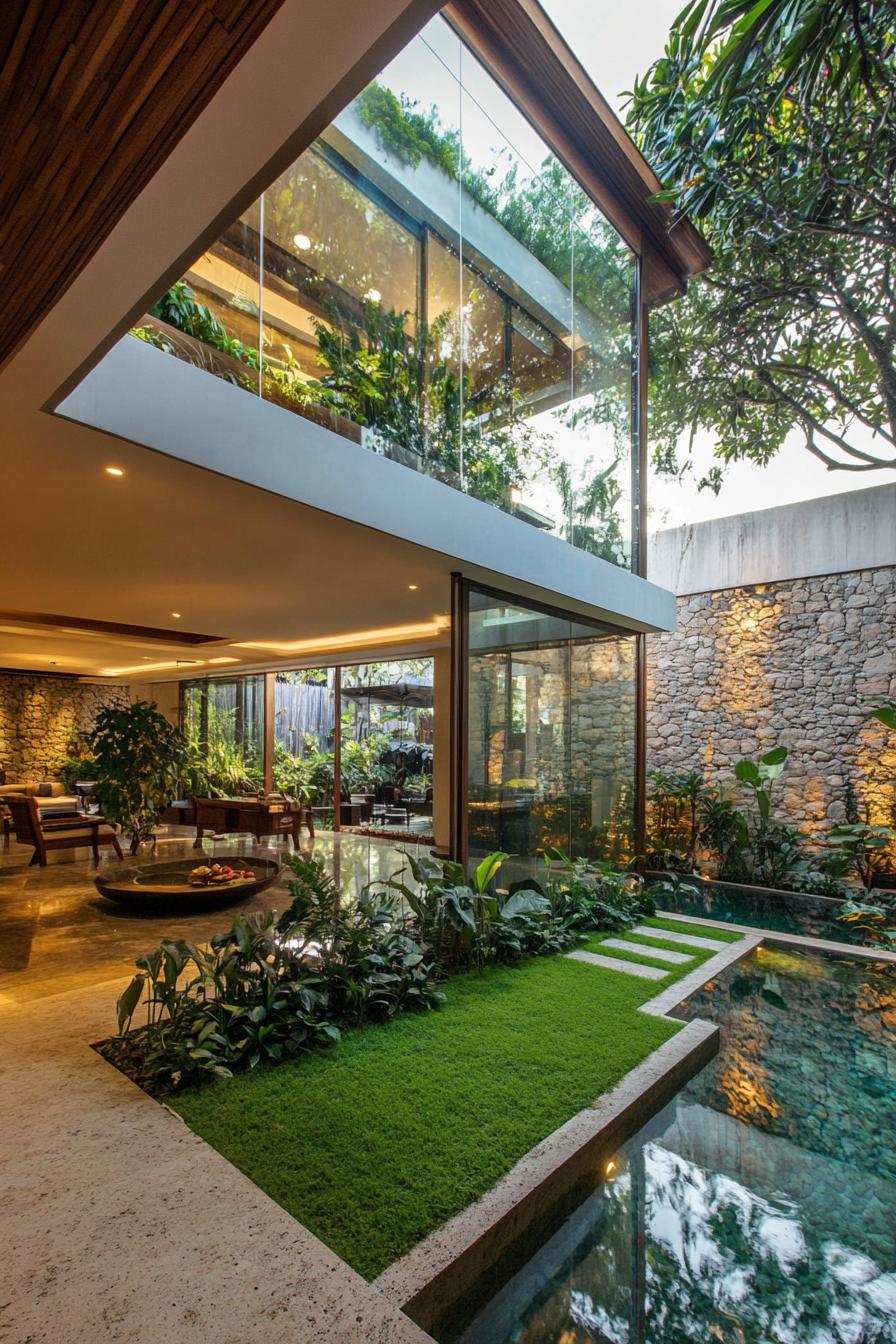 indoor courtyard in a modern house with glass atrium with small pool lush grass patch it is connected to outside where trees and stone siding facade 3