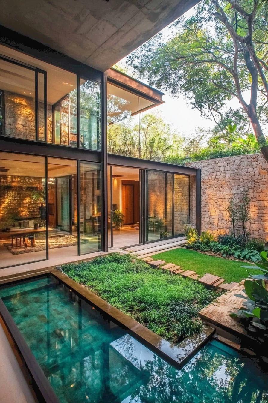 indoor courtyard in a modern house with glass atrium with small pool lush grass patch it is connected to outside where trees and stone siding facade