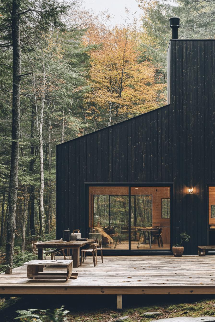 japandi nordic cabin in the woods vertical wooden siding exposed beams wooden deck