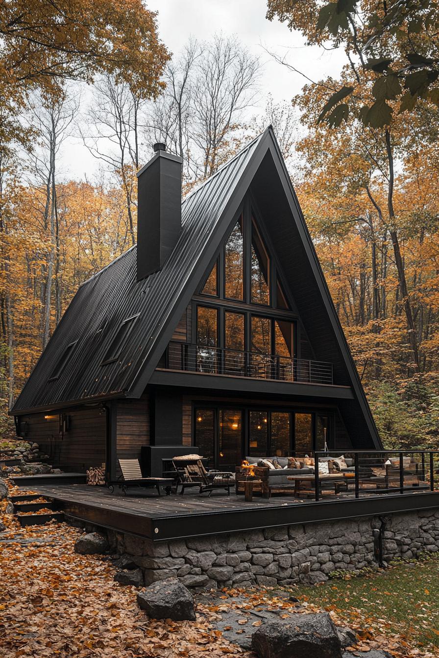 large a frame house with charred wood siding black metal roof with black chimney stone foundation with front deck with outdoor furniture house 1