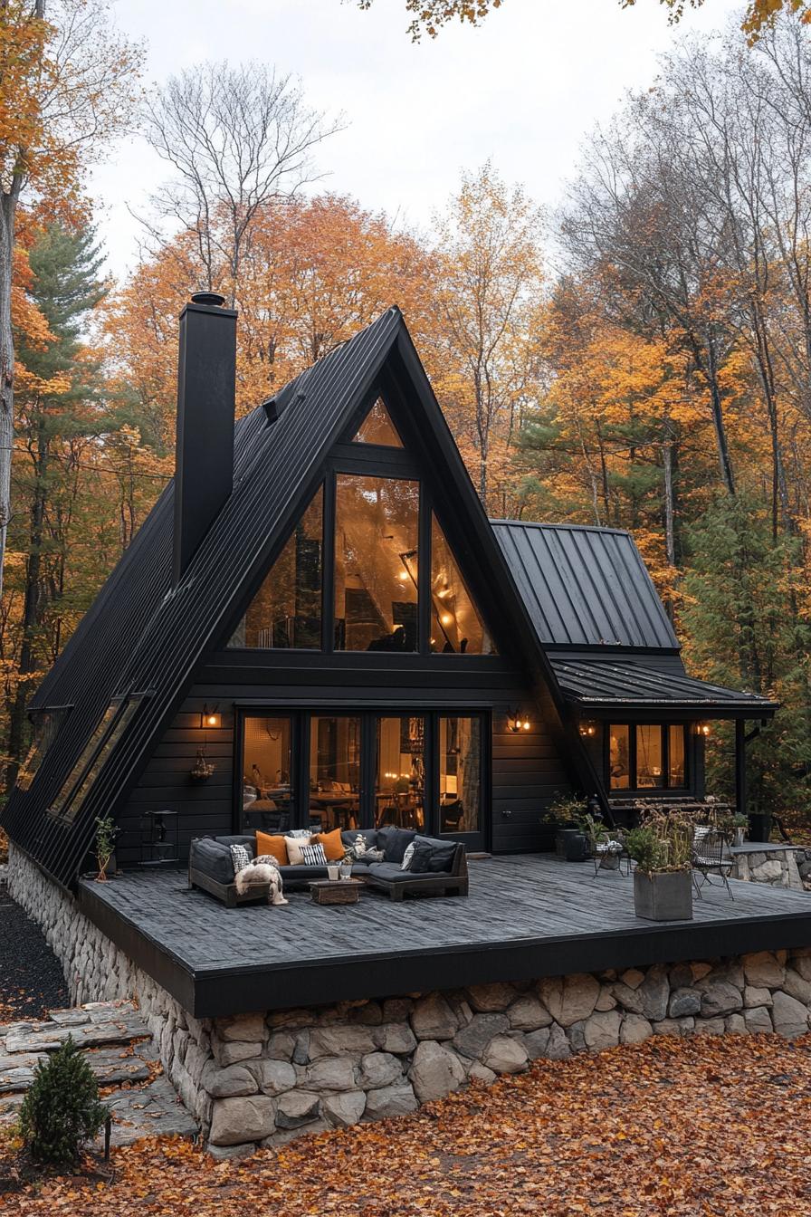 large a frame house with charred wood siding black metal roof with black chimney stone foundation with front deck with outdoor furniture house 2