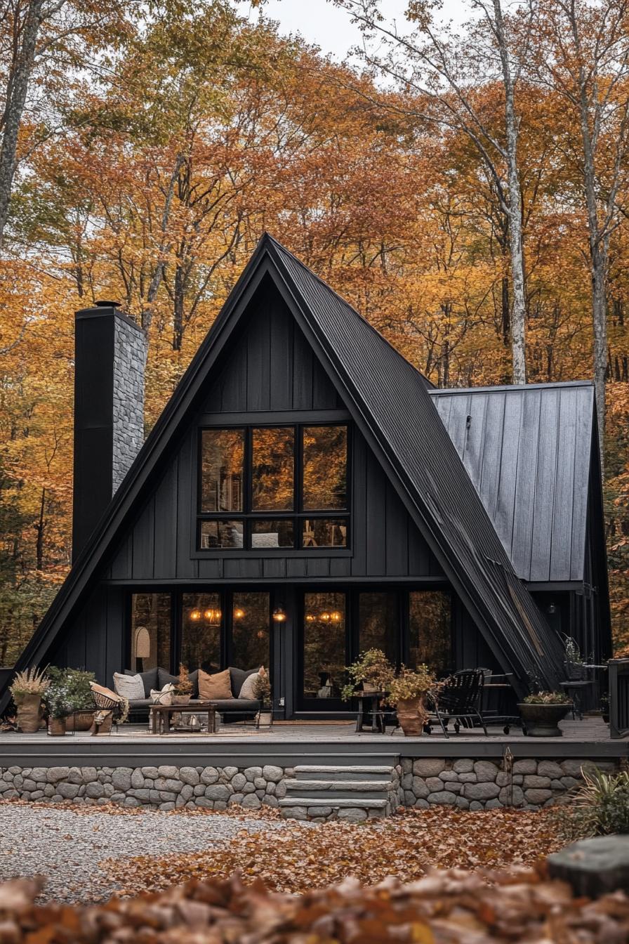 large a frame house with charred wood siding black metal roof with black chimney stone foundation with front deck with outdoor furniture house 3