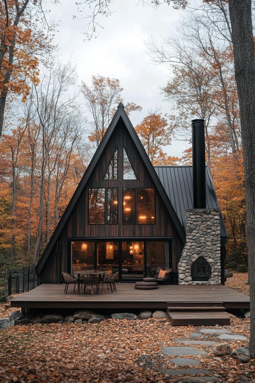 large a frame house with charred wood siding black metal roof with black chimney stone foundation with front deck with outdoor furniture house