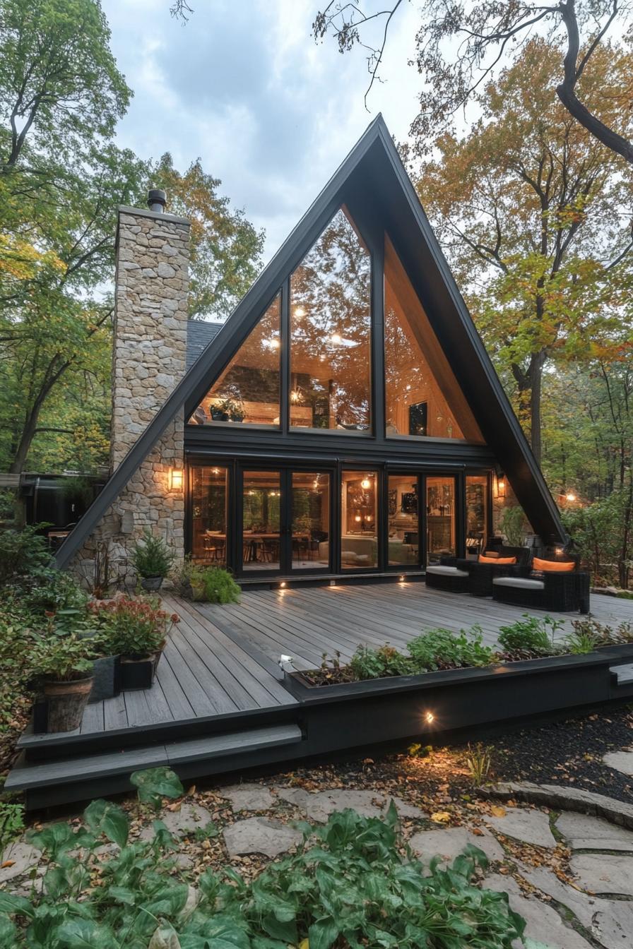 large a frame house with geometric addition with stone siding large deck with plants full wall windows forest landscape