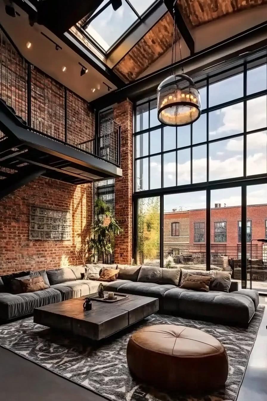 lofted apartment with brick walls with large windows in black frames vaulted ceiling and skylight black steel stairs lead to upstairs downstairs is 1