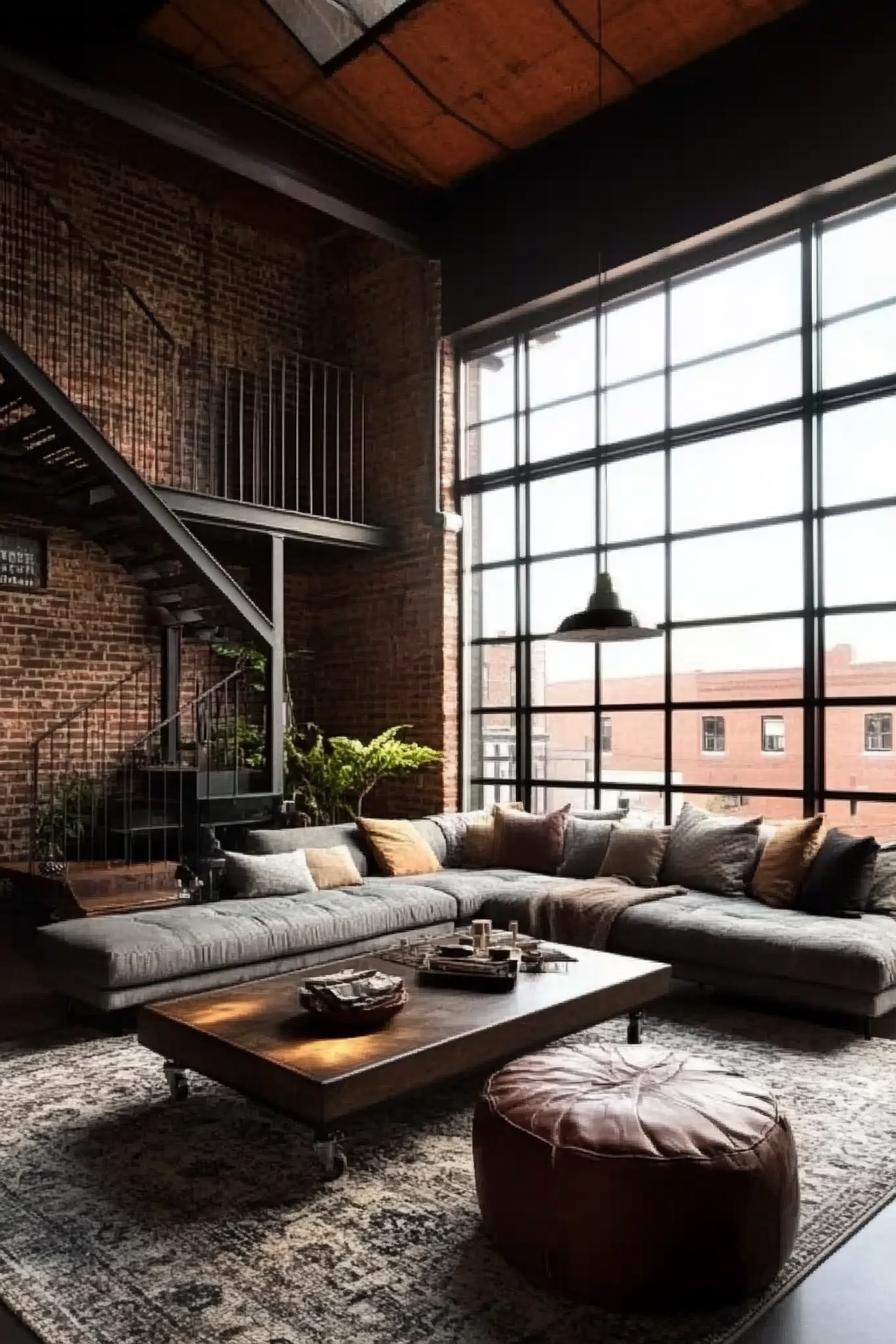 lofted apartment with brick walls with large windows in black frames vaulted ceiling and skylight black steel stairs lead to upstairs downstairs is 2