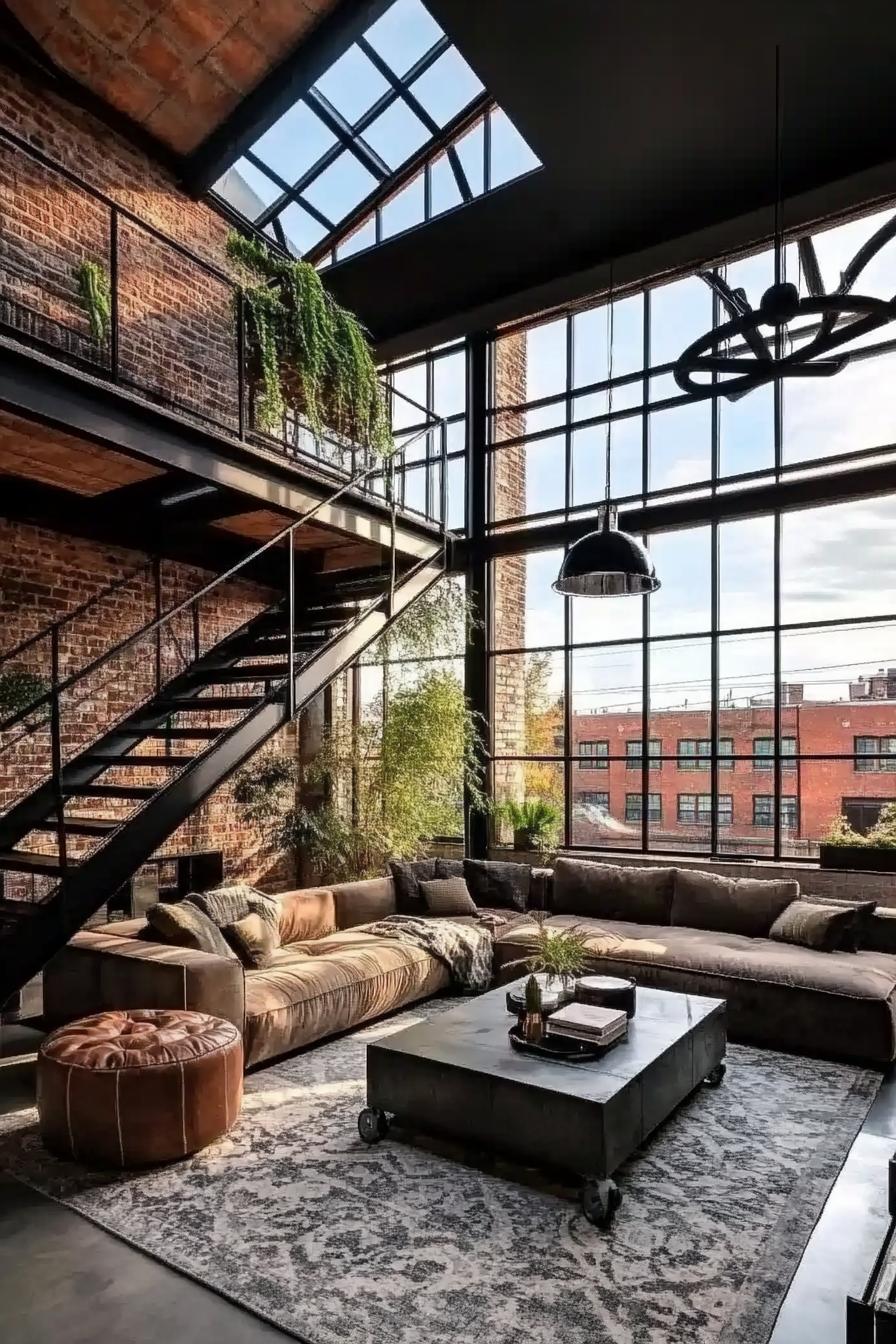 lofted apartment with brick walls with large windows in black frames vaulted ceiling and skylight black steel stairs lead to upstairs downstairs is 3