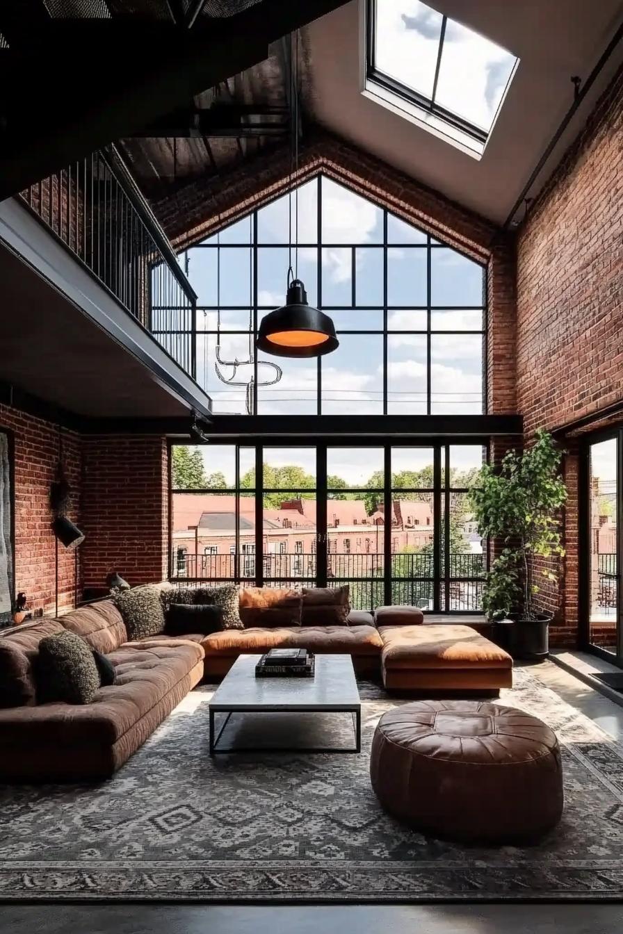 lofted apartment with brick walls with large windows in black frames vaulted ceiling and skylight black steel stairs lead to upstairs downstairs is