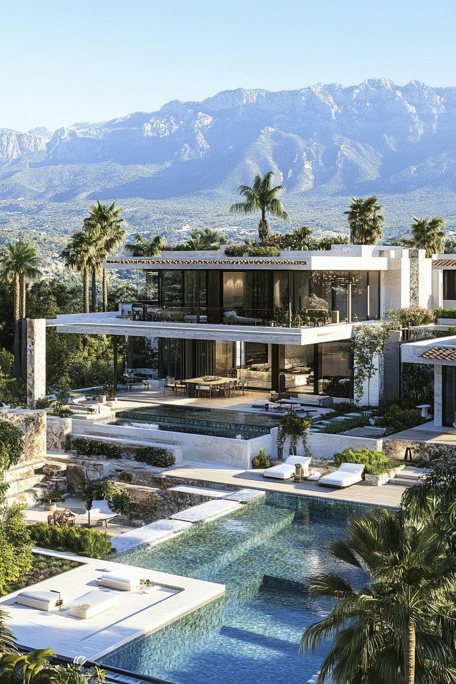 luxury modern masnion complex with multiple terraces large pool roof gardens palm trees tropical mountains in distant background 2