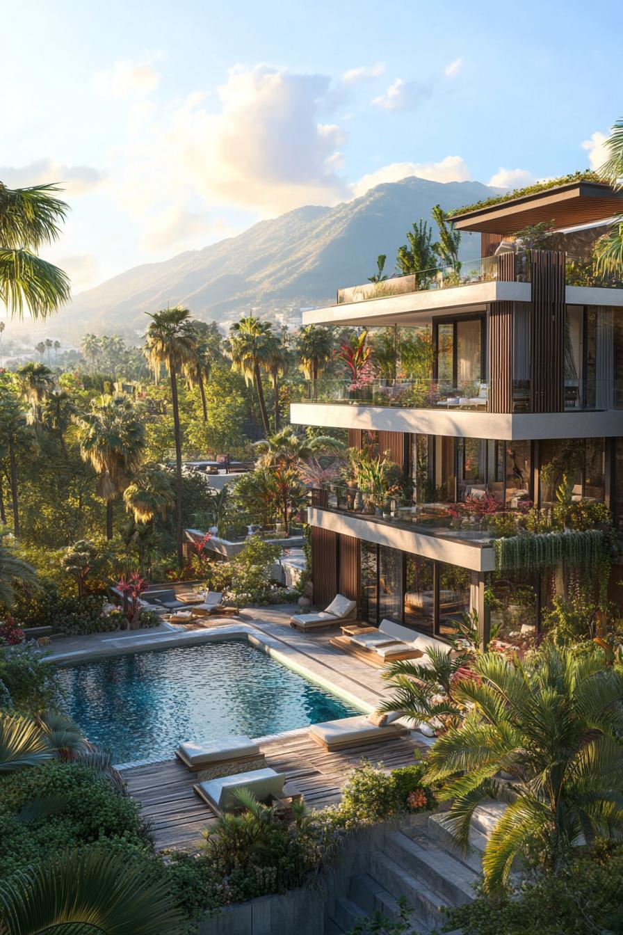 luxury modern masnion complex with multiple terraces large pool roof gardens palm trees tropical mountains in distant background 3