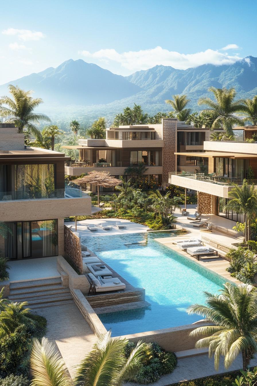 luxury modern masnion complex with multiple terraces large pool roof gardens palm trees tropical mountains in distant background