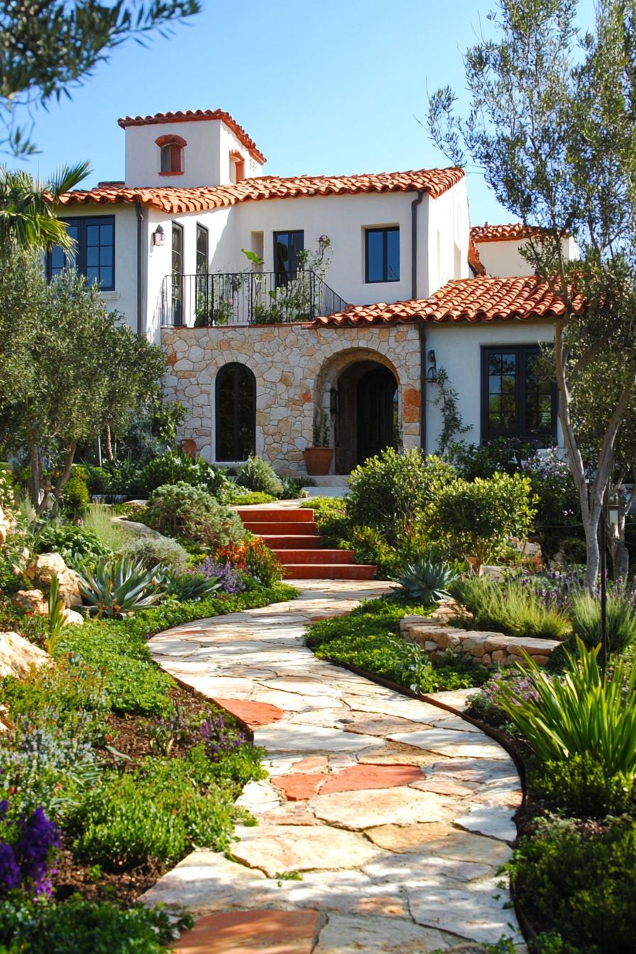 mediterranean revival architecture home garden with stone and terracotta pathway 1