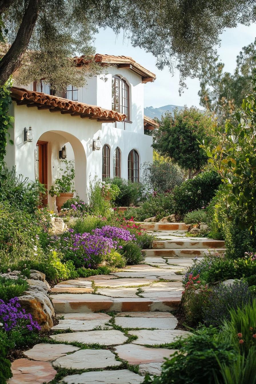 mediterranean revival architecture home garden with stone and terracotta pathway 2