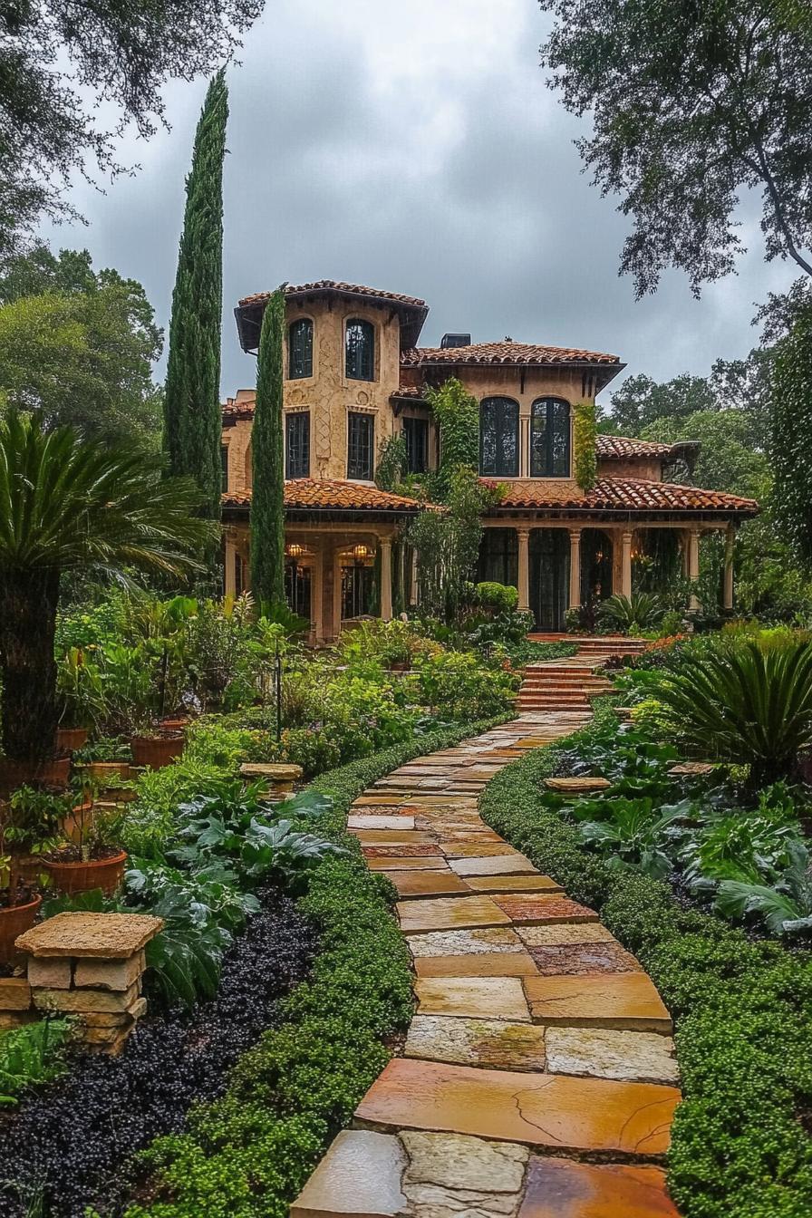 mediterranean revival architecture home garden with stone and terracotta pathway 3