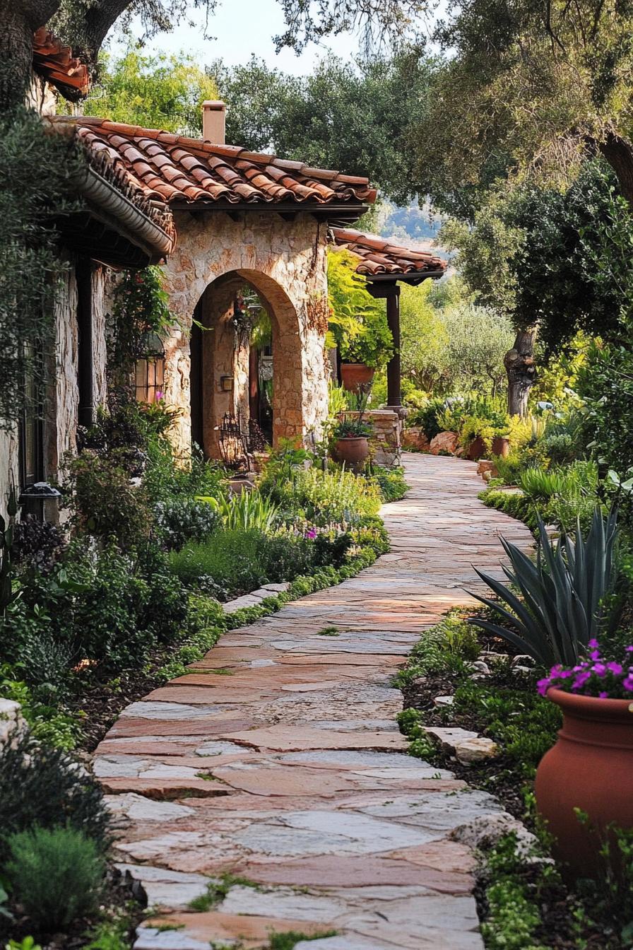 mediterranean revival architecture home garden with stone and terracotta pathway