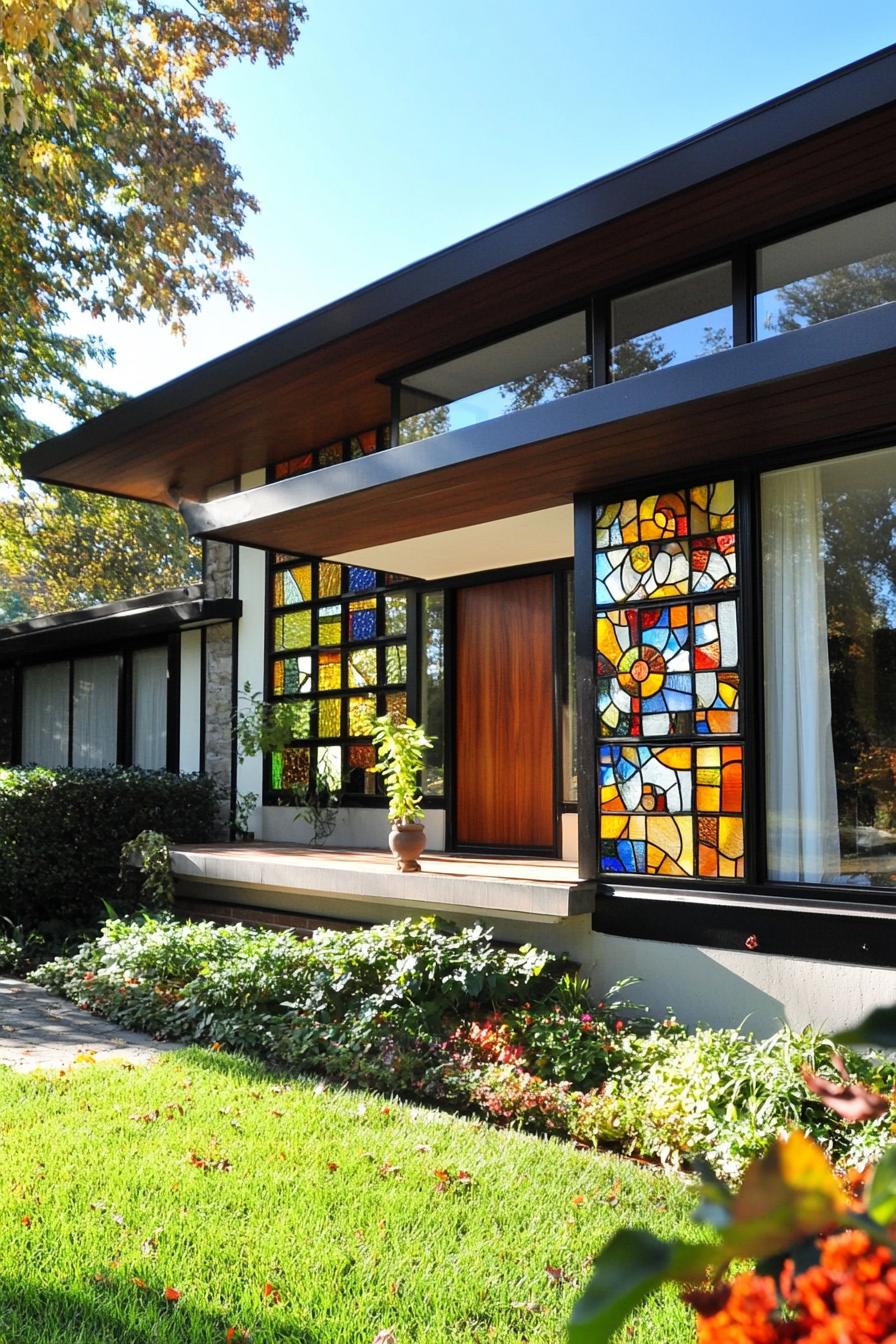 mid century modern and antique style house facade with vintage stained glass mosaics 1