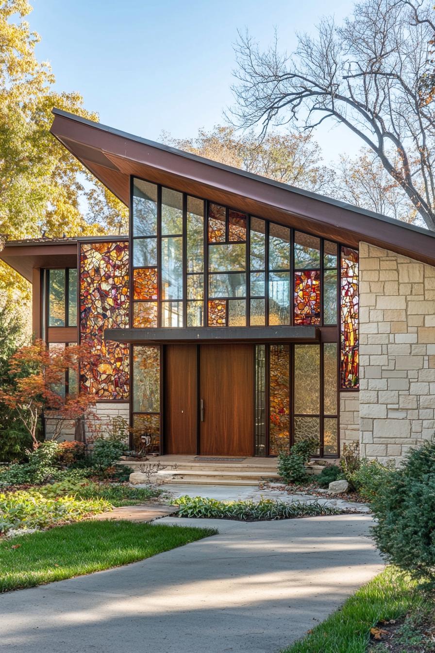 mid century modern and antique style house facade with vintage stained glass mosaics 2