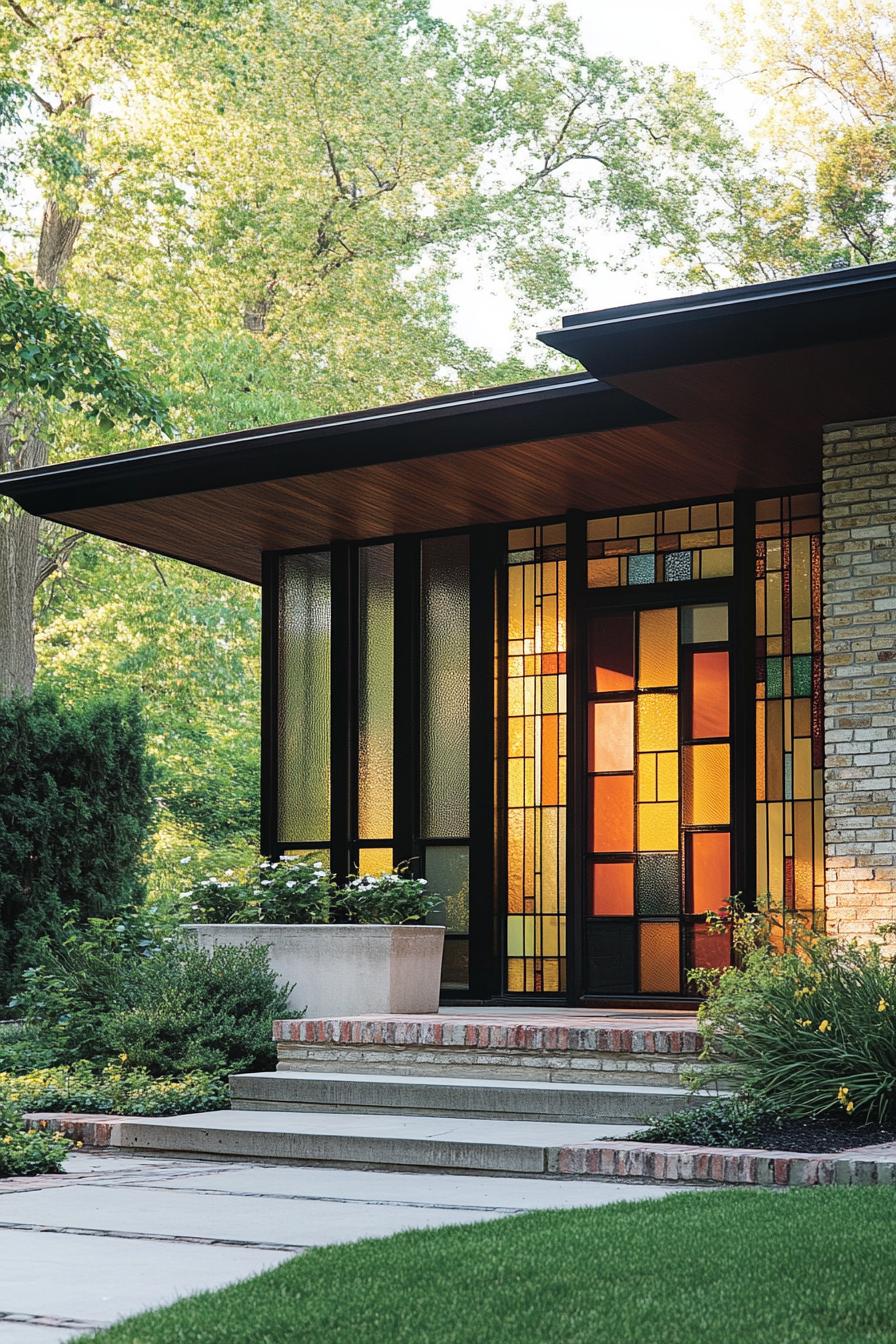 mid century modern and antique style house facade with vintage stained glass mosaics 3