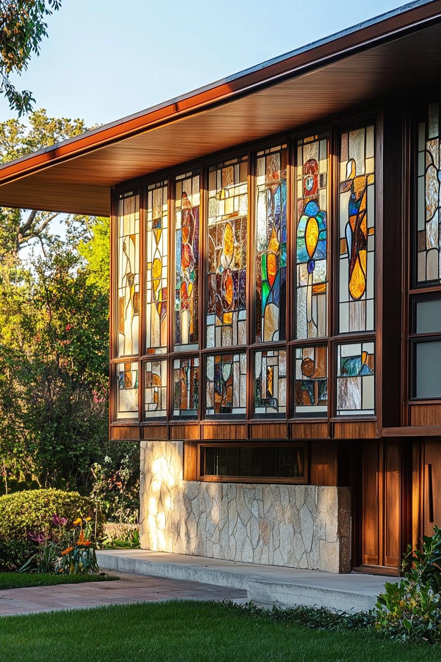 mid century modern and antique style house facade with vintage stained glass mosaics