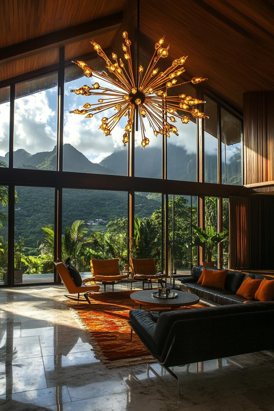 mid century modern house interior with sputnik chandelier large windows overlooking a tropical mountain 1