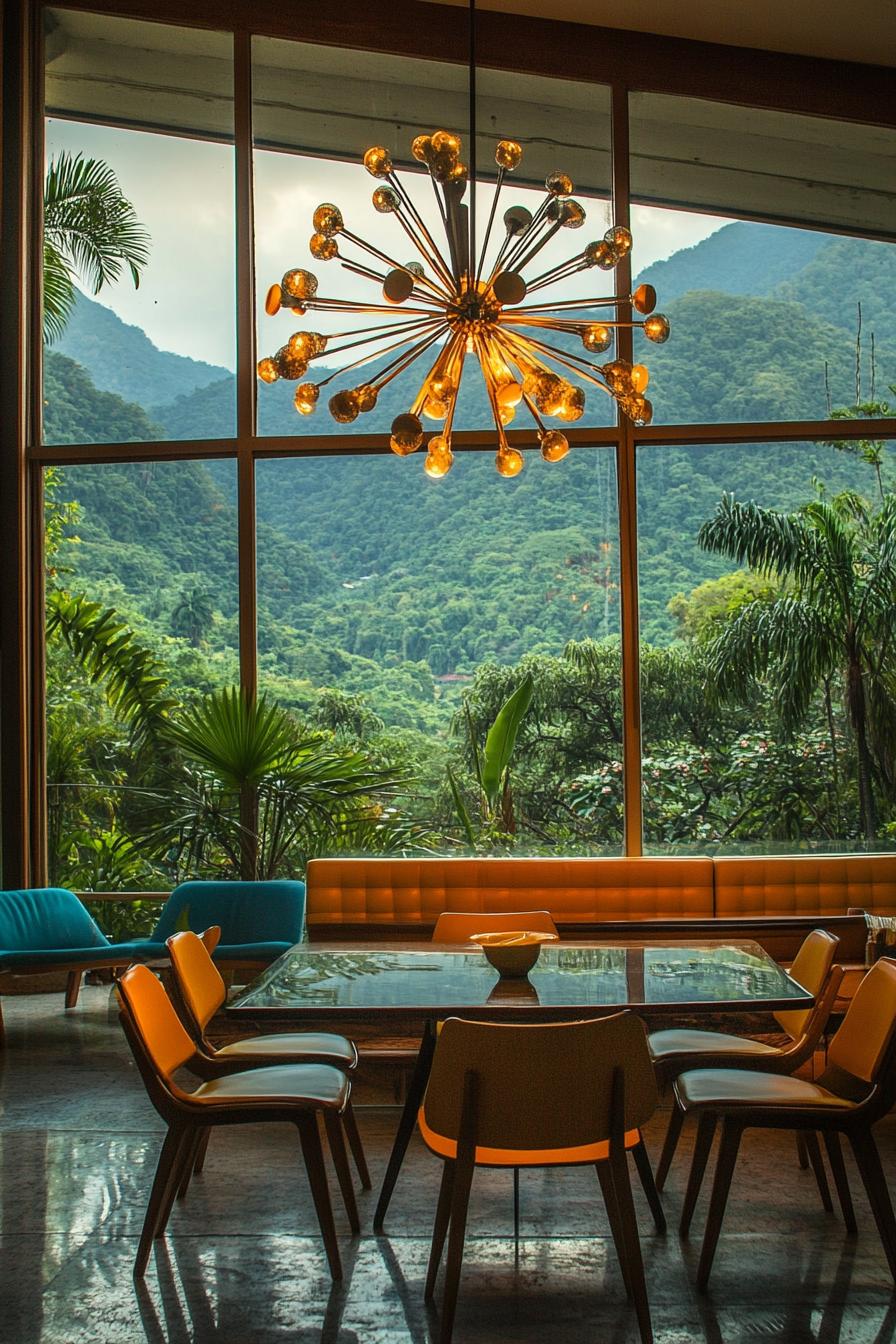 mid century modern house interior with sputnik chandelier large windows overlooking a tropical mountain 2