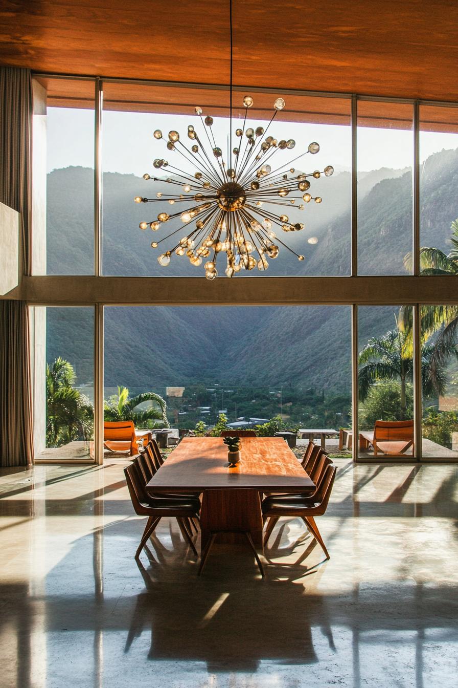 mid century modern house interior with sputnik chandelier large windows overlooking a tropical mountain 3