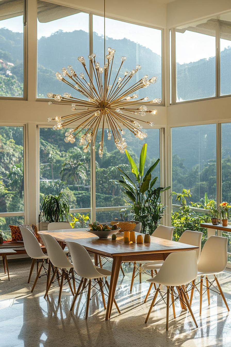 mid century modern house interior with sputnik chandelier large windows overlooking a tropical mountain