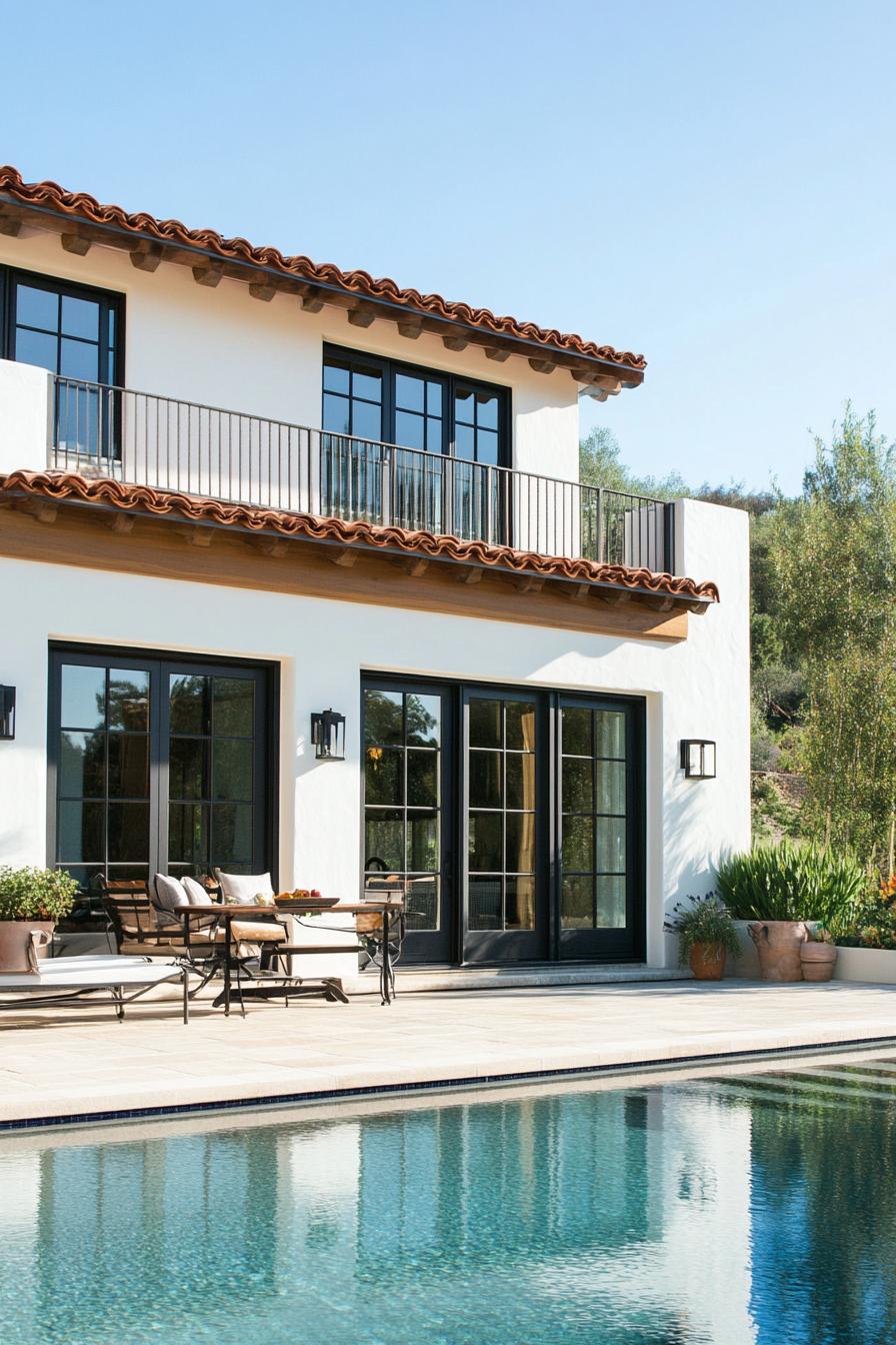 modern Californian house mediterranean style facade sliding doors to patio and pool 1