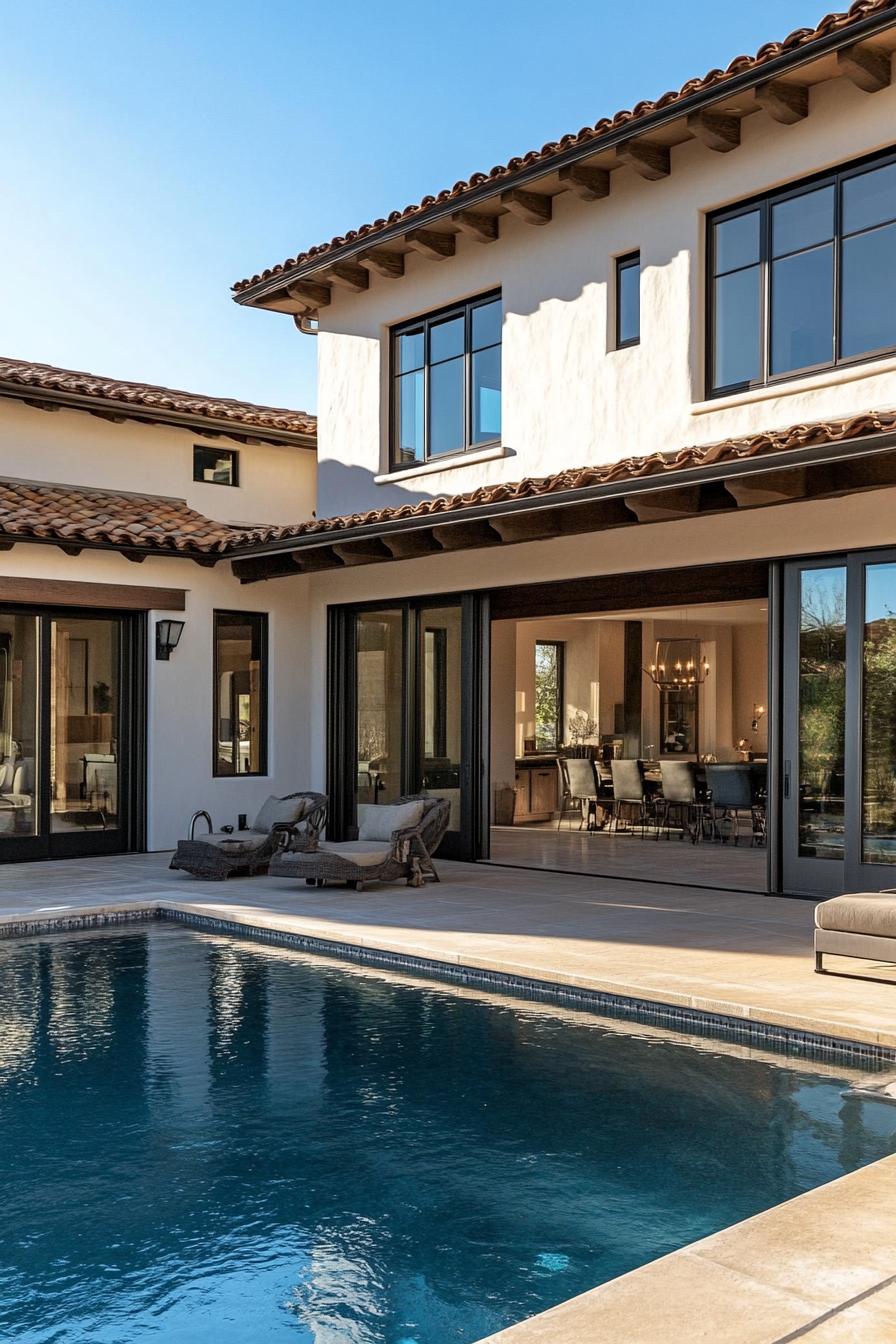 modern Californian house mediterranean style facade sliding doors to patio and pool