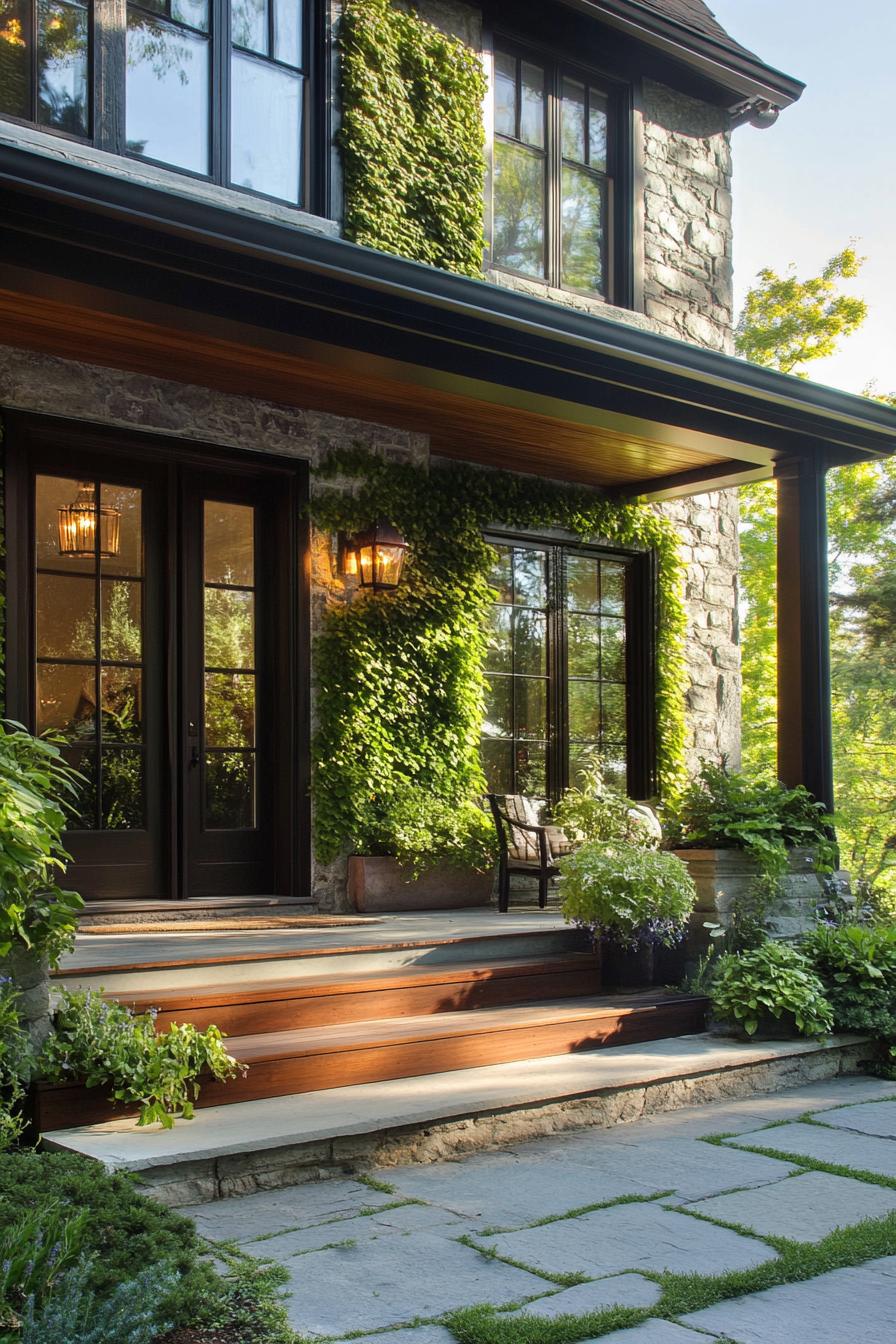 modern English cottage porch with vertical herb garden