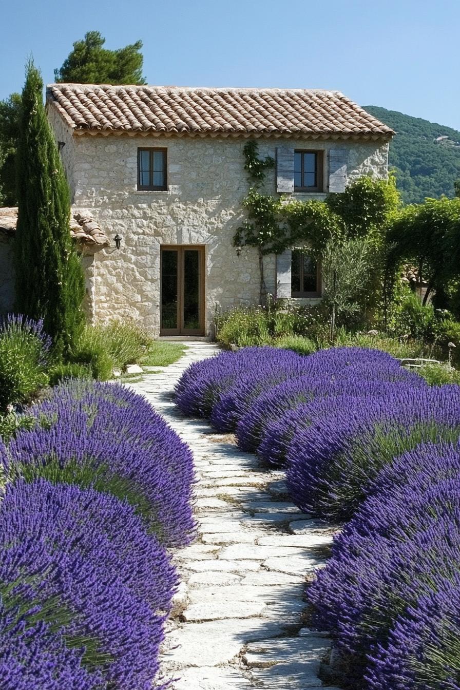 modern French mediterranean house garden pathway lined with lavenders 1