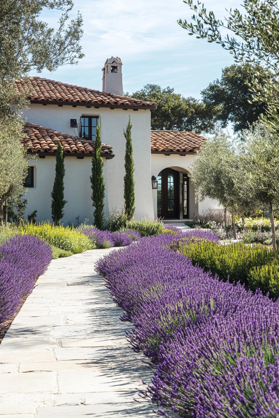 modern French mediterranean house garden pathway lined with lavenders 2