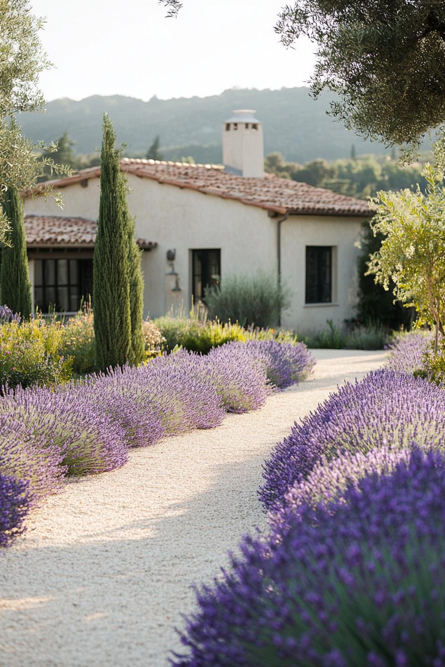 modern French mediterranean house garden pathway lined with lavenders 3